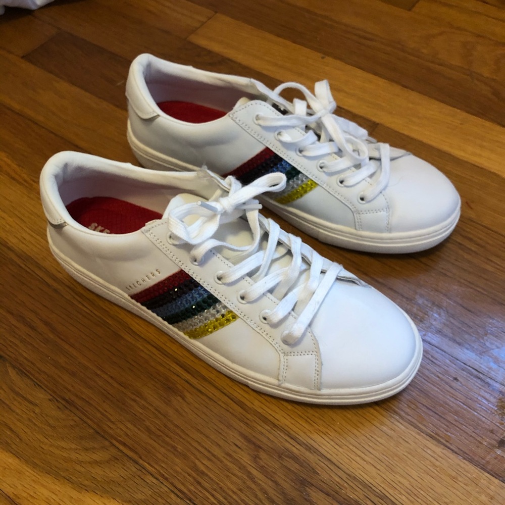 White sneakers, jeweled colored stripes